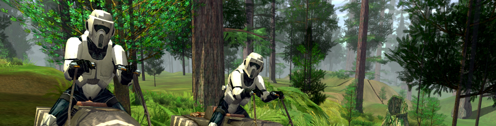 Two Imperial Scout Troopers sitting on their speeder bikes on the Forest Moon of Endor